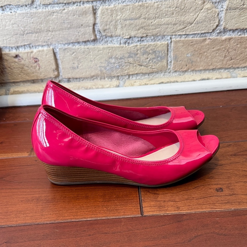 Cole Haan Pink Patent Leather Wedge Peep-Toe Shoes